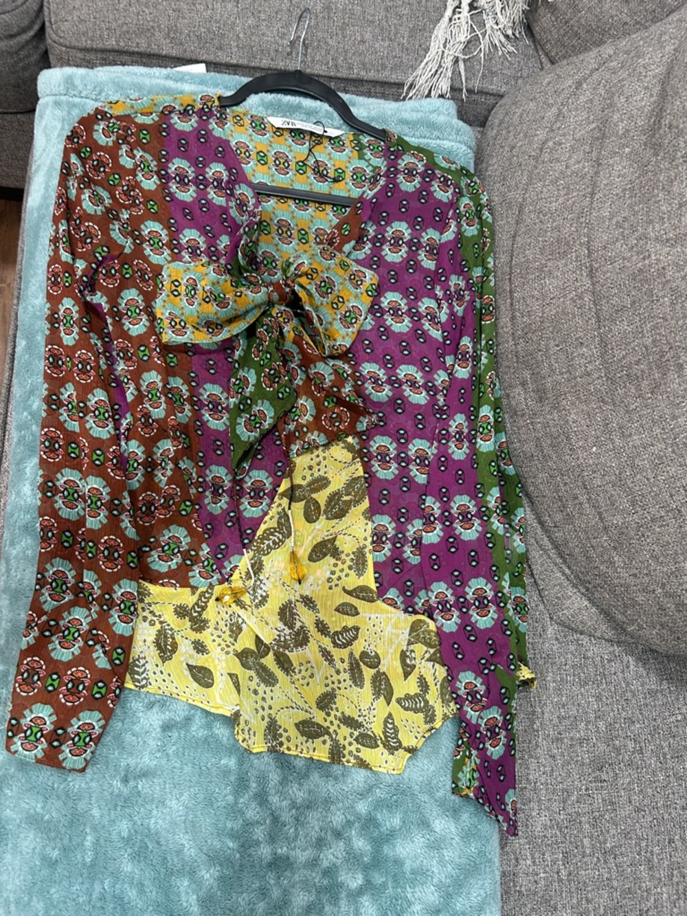 Zara Purple, Green, Brown & Yellow Printed Tie-Neck Blouse - Picture 6 of 10